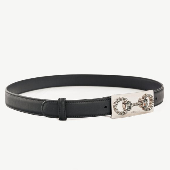 Gucci Black Leather Crystal Horsebit Belt - Picture 1 of 5